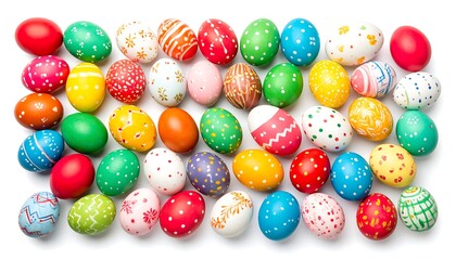 Colorful painted Easter eggs arranged on white background