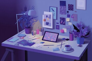 Creative Workspace Illumined by a Task Lamp Featuring a Digital Tablet and Botanical Art on a Blue Wall Background