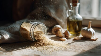 Uncooked couscous spilling from jar with garlic and olive oil.