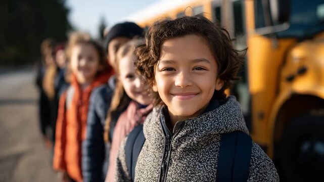A cheerful child smiles broadly in front of a school bus, embodying innocence, joy, and the excitement of childhood and new beginnings in an educational setting.