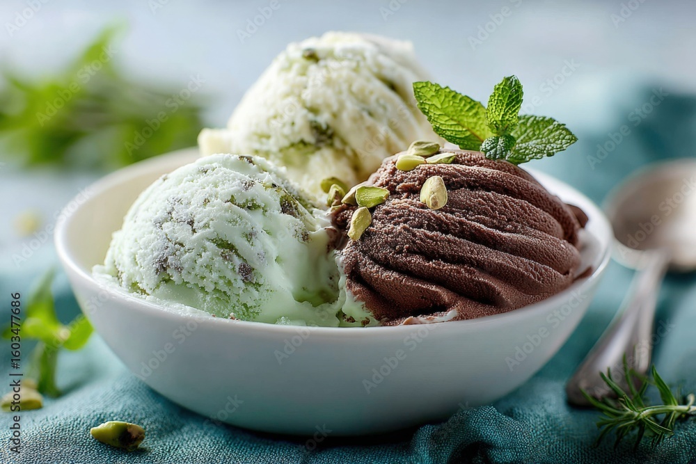 Poster assorted flavored ice cream scoops in a white bowl garnished with mint and nuts on a bright table se