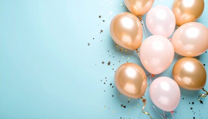 Vibrant balloons with confetti on a pale blue background. Ideal for festive themes. High quality. 