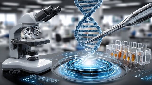 Advanced scientific laboratory with microscope DNA helix pipette test tubes digital holographic interface and futuristic research technology