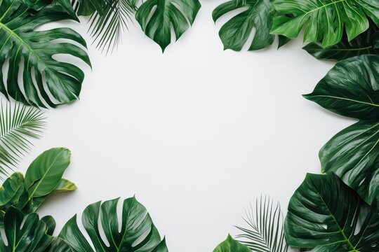 Frame of lush green monstera and palm leaves on a plain white background - Powered by Adobe