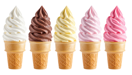 Collection Of Five Colorful Ice Cream Cones In Swirling Soft Serve Style Against Transparent Background Representing Sweet Summer Treats