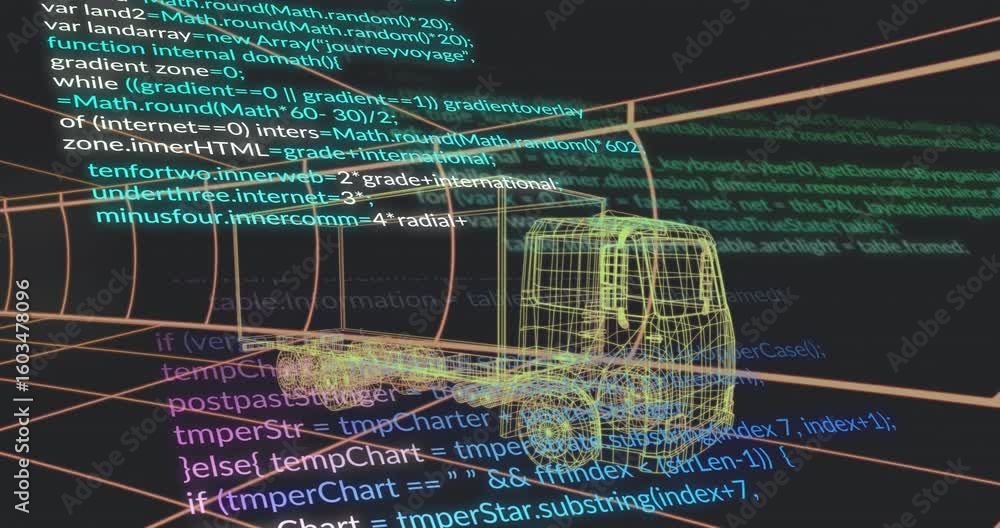 Poster Multicolored code fading in, scrolling around 3D semitrailer truck inside tunnel showing code flow