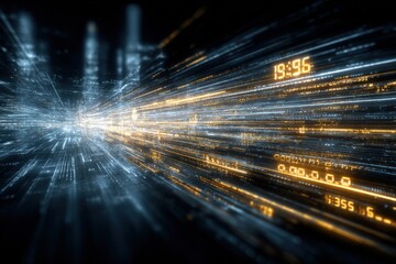 Futuristic Digital Data Stream Visualization with Light Trails and Numeric Data Overlays in a High-Tech Cityscape Background