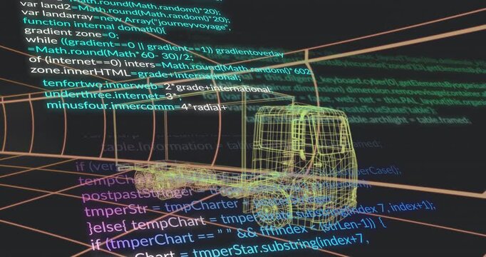 Multicolored code fading in, scrolling around 3D semitrailer truck inside tunnel showing code flow