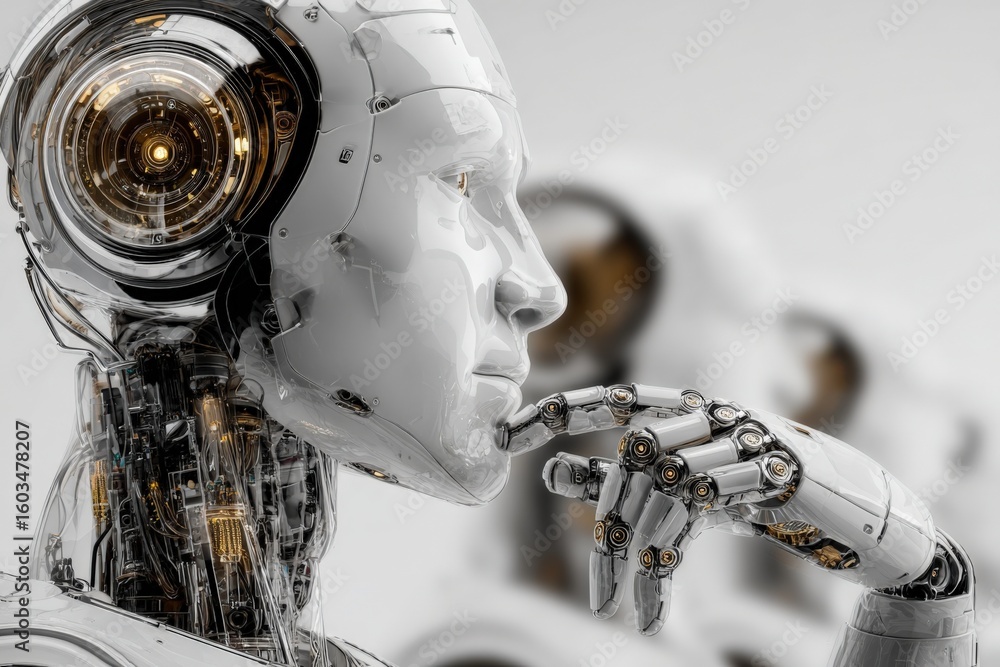 Poster highly detailed futuristic humanoid robot with advanced mechanical features and elegant facial expre