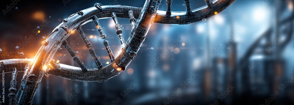 Poster highly detailed close-up of a metallic dna double helix structure illuminated with glowing lights in