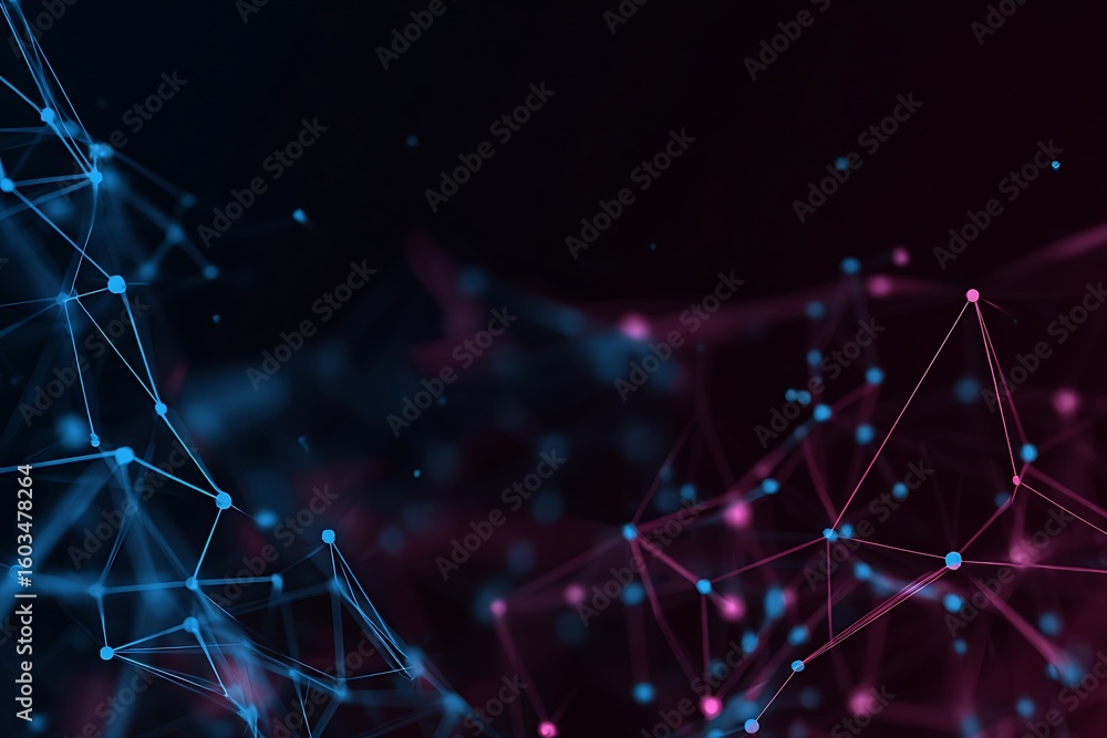 Poster abstract digital network structure connecting nodes with futuristic glowing lights in a dark cosmic 