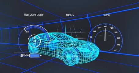 Startup wireframe sports car cruising tunnel as battery charging and draining showing energy flow - Powered by Adobe