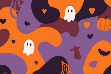 Fototapeta premium A Whimsical Halloween Background Featuring Playful Ghosts Pumpkins and Hearts in Purple Orange and Black Colors
