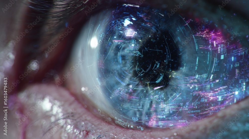 Poster close-up of human eye with futuristic digital interface and holographic data visualization in the ir