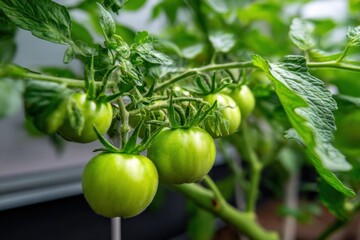 Bright Green Tomatoes Growing on a Healthy Plant in a Well-lit Indoor Garden Environment with Lush Leaves and Ripening Fruits