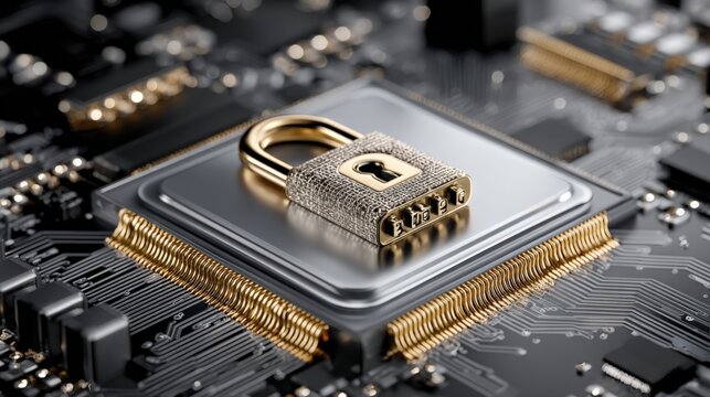 High-tech microprocessor with a gold padlock symbol representing cybersecurity and data protection on a futuristic circuit board background