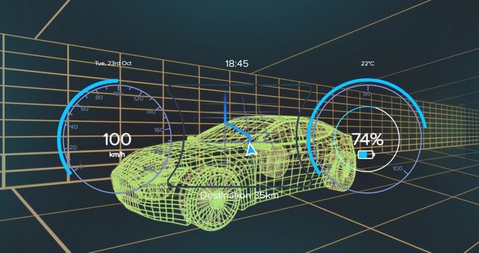 At 18:45 green wireframe car accelerating then slowing in grid tunnel with HUD showing speed change