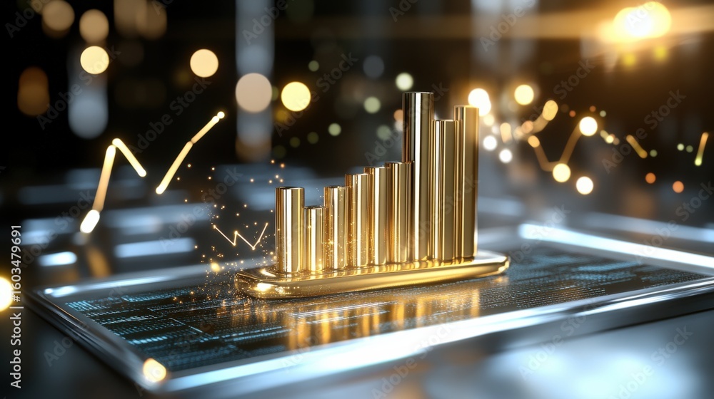 Poster business and finance technology concept with glowing gold bar chart on smartphone screen showing gro