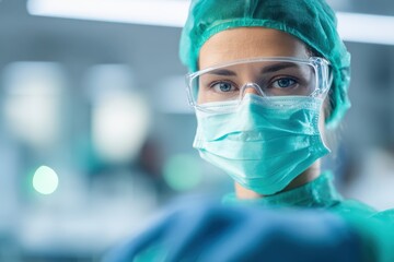 Close-up of female surgeon in sterile protective gear including mask glasses and cap in operating room du complex medical procedure with focused expression