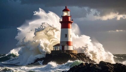 Epic storm wave crashes powerfully against a red and white lighthouse du an intense typhoon, creating a dramatic water splash and wind effect.