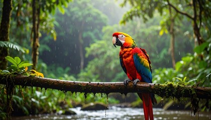 A vibrant firefly exotic parrot calls from a vine covered branch amidst the steamy tropical rainforest, creating a symphony of nature's sounds.