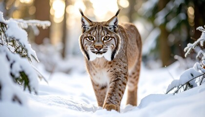 Fototapeta premium A firefly focused lynx is tracking prey carefully through a dense snowy forest, its fur softly illuminated by the natural light.