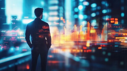 entrepreneur standing confidently as graph rises, blurred digital workspace background