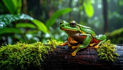 Obraz premium A vibrant firefly frog perched upon a log in the humid tropical rainforest, glistening with water droplets, creating a serene natural scene.