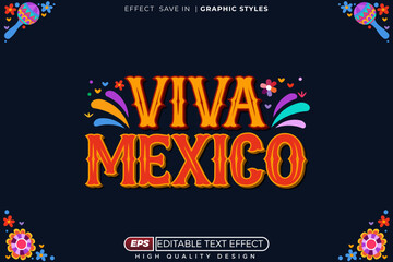Editable 3d vector text effect viva mexico with decorative background