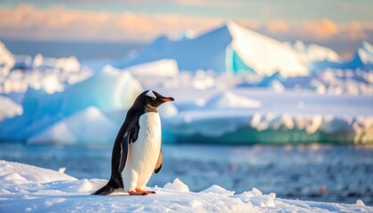 Obraz premium A firefly penguin gazes at floating icebergs along the frozen shoreline with soft natural light illuminating the breathtaking arctic scene.