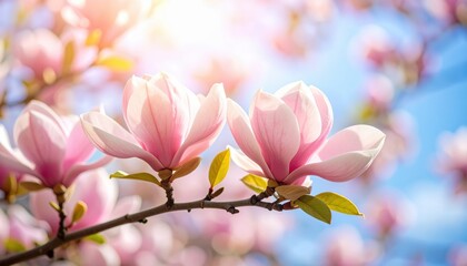 A beautiful macro shot captu the delicate pink magnolia blossoms on a tree branch against a soft pastel blue sky with glowing sunbeams.