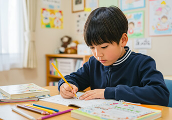 自宅で宿題に取り組む小学生の男の子
