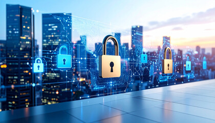 Cybersecurity Cityscape: A digitally enhanced cityscape featuring prominent security padlocks overlaid on skyscrapers, symbolizing the protection of urban data.