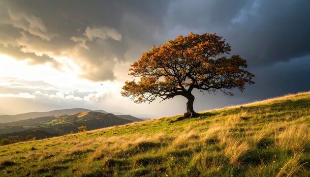 A lone oak tree on a grassy hillside battles heavy wind, its branches swaying as leaves fly beneath a dramatic, cloudy, sunlit sky scape. - Powered by Adobe
