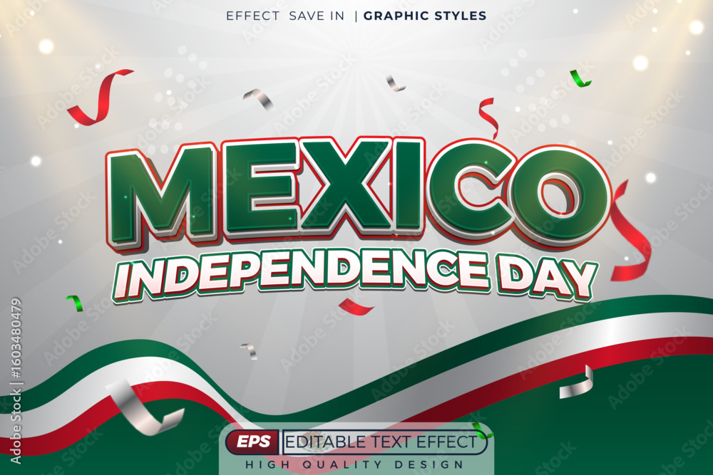 Poster editable 3d vector text effect mexico independence day with confetti and flag for poster design