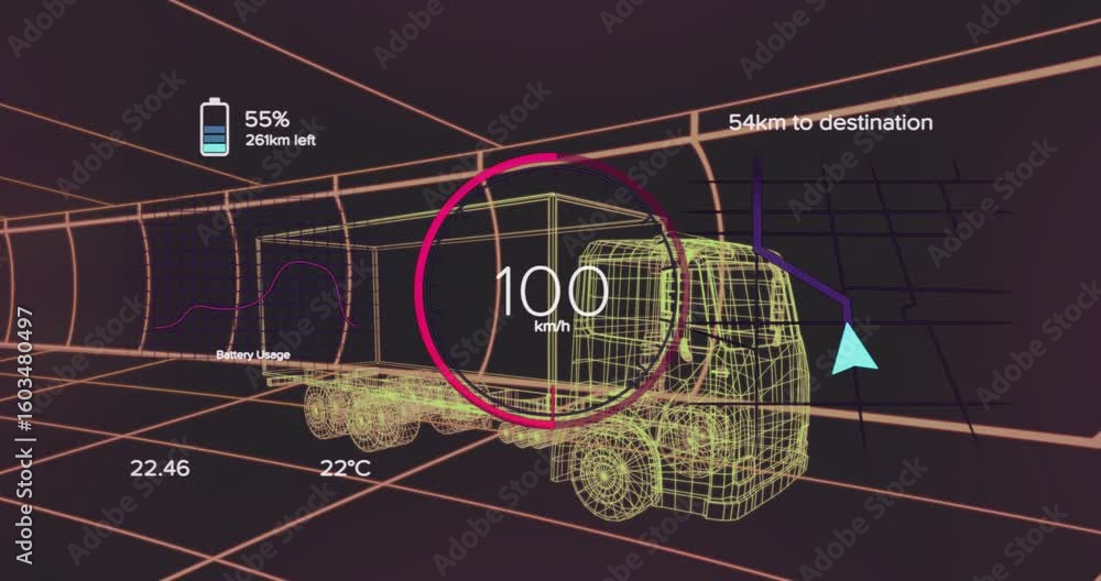Poster wireframe semi-truck entering grid tunnel and surging then slowing showing battery usage and route