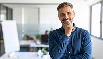 Obraz premium Smiling man in office, thoughtful pose