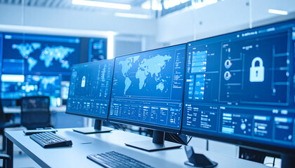 Digital Fortress: A modern command center displays intricate data visualizations and security protocols, symbolizing the advanced technology and global connectivity.