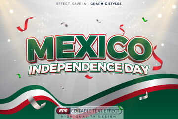 Editable 3d vector text effect mexico independence day with confetti and flag for poster design