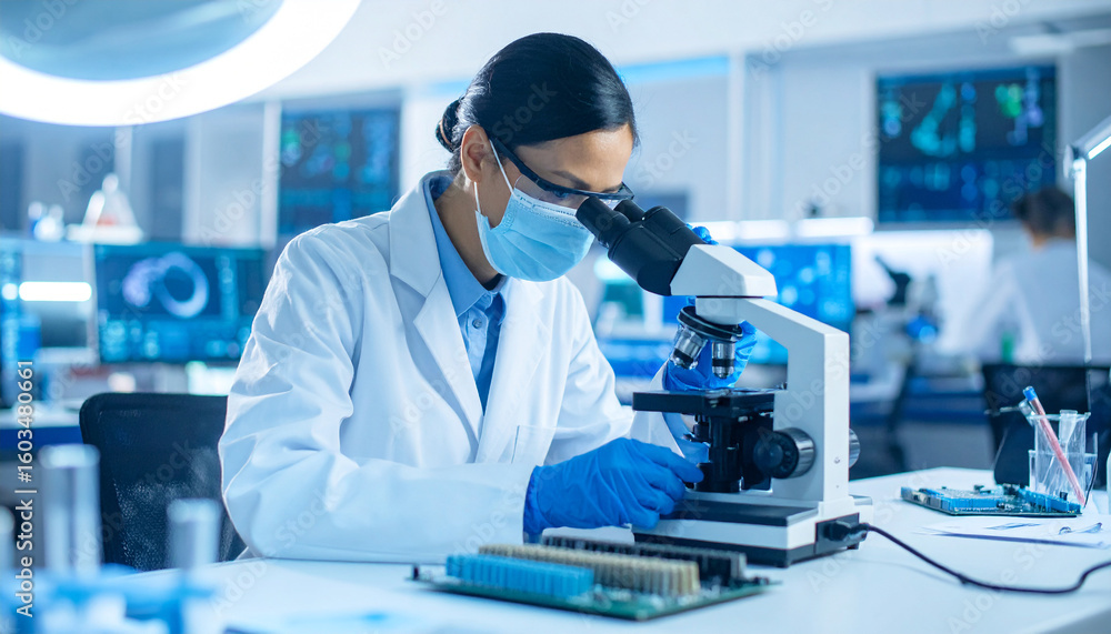 Poster scientist at work in laboratory: a focused scientist in a sterile lab setting examines a slide under