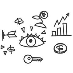 eye and business opportunity icon in doodle sketch cartoon