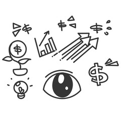 eye and business opportunity icon in doodle sketch cartoon
