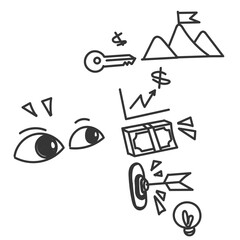 eye and business opportunity icon in doodle sketch cartoon