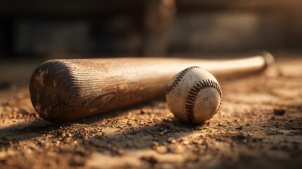 Baseball bat and ball on dirt field in warm afternoon light.

