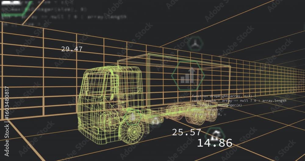 Poster on start wireframe grid fading in wireframe truck with hexagonal icons rising displaying metrics