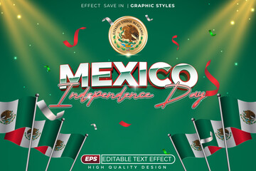 Editable 3d vector text effect mexico independence day with green background, confetti and flag for poster design