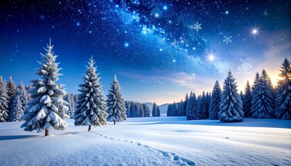 Fototapeta premium Snowy winter landscape with snow-covered trees under a starry night sky panorama