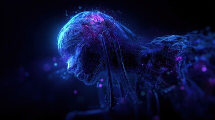Futuristic digital human head with glowing circuitry and neon light effects representing artificial ligence and advanced technology