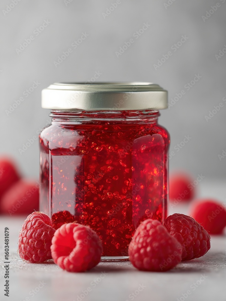 Poster bright red raspberry jam in glass jar with shiny metallic lid surrounded by fresh raspberries on lig