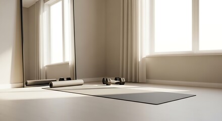 Modern exercise room with yoga mat and dumbbells, minimalist interior design.